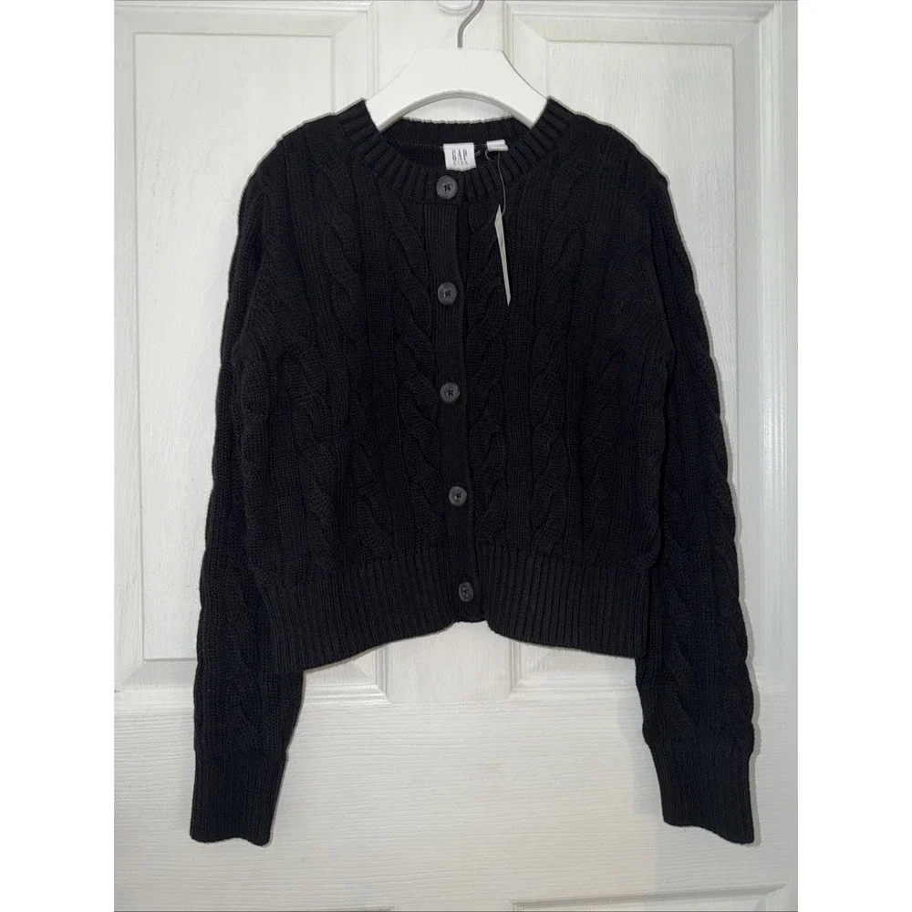 New GAP Kids Girls Black Cable Knit‎ Button Cardigan Size M 8 Cotton